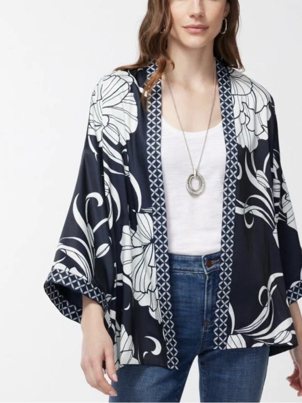 Chico's Navy White Covering Ruana Short Kimono NWOT